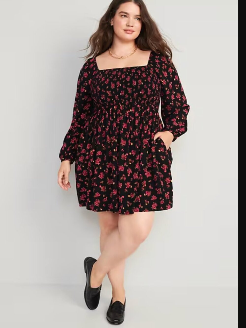 Old Navy Floral Smocked Long Puff Sleeve Square neck Dress Size XL Black Red - Picture 2 of 13